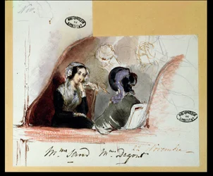 George Sand (1804-76) i Marie de Flavigny (1805-76) hrabina Agoult, w Komedii Francuskiej, 1834
